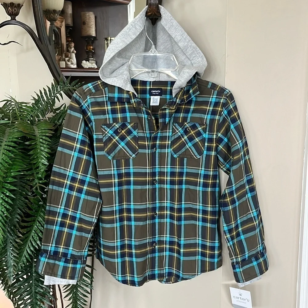 Brand New Carter’s Plaid Button Down Shirt Hooded Casual Cotton